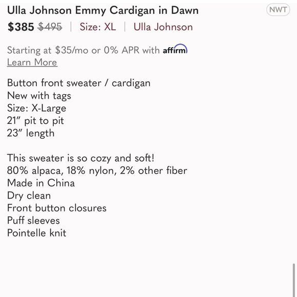 NWT Ulla Johnson Emmy Cardigan in Dawn Cream - Picture 9 of 9